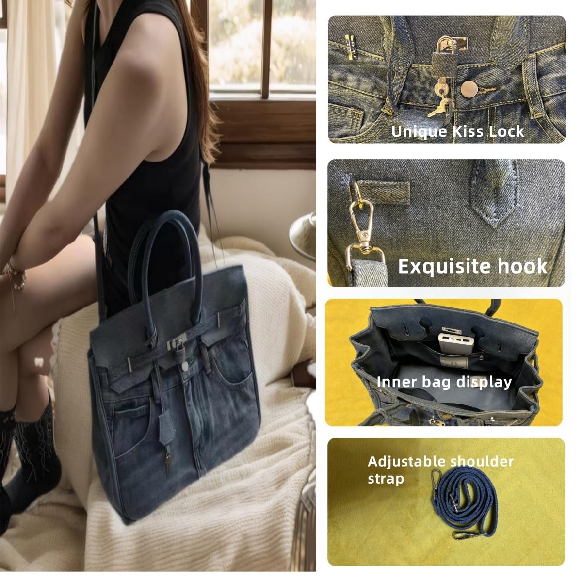Women's Denim Tote Bag - Spacious Retro Shoulder Bag for Beach & Casual Outings