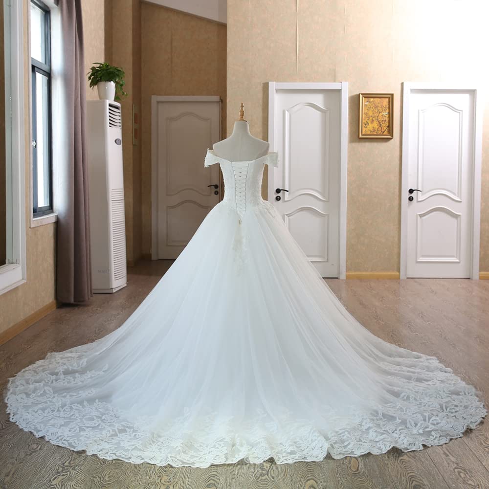 XYAYE Off Shoulder Lace Tulle Wedding Dress - Puffy Ball Gown with Long Train for Bride | Perfect for Church Ceremony, Beach Wedding & Formal Reception