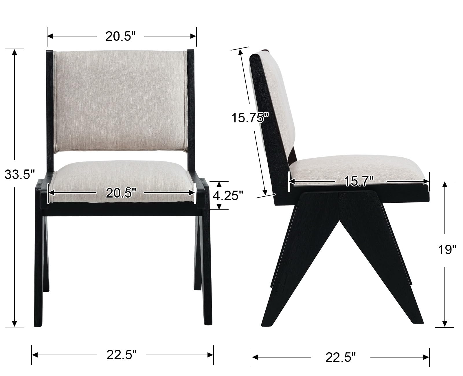 Mid Century Modern Dining Chairs Set of 2 - Beige Linen Upholstered Kitchen Chairs with Black Wood Legs, Farmhouse Style Square Backrest Armless Side Chairs for Dining Room, Kitchen Island & Breakfast Nook