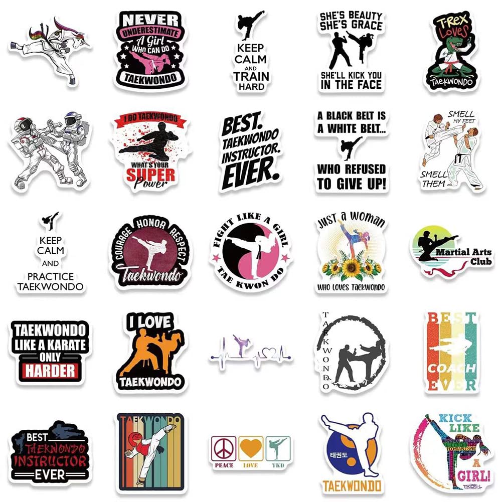 50 Pcs Waterproof Taekwondo Stickers - Martial Arts Vinyl Decals for Water Bottles, Laptop, Luggage, Cup, Phone, Skateboard, Guitar, Helmet & Snowboard - Perfect for Martial Arts Enthusiasts & Sports Gear Customization