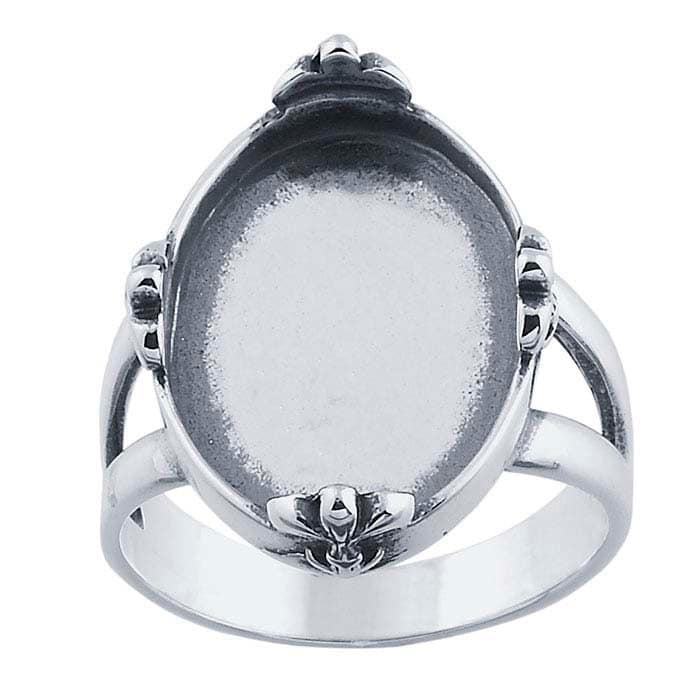Sterling Silver Fleur de Lis Oval Ring Mounting 18x13mm - Size 7-8 Blank Cabochon Setting for Jewelry Making - Perfect for Custom Pendants, Earrings & DIY Craft Projects