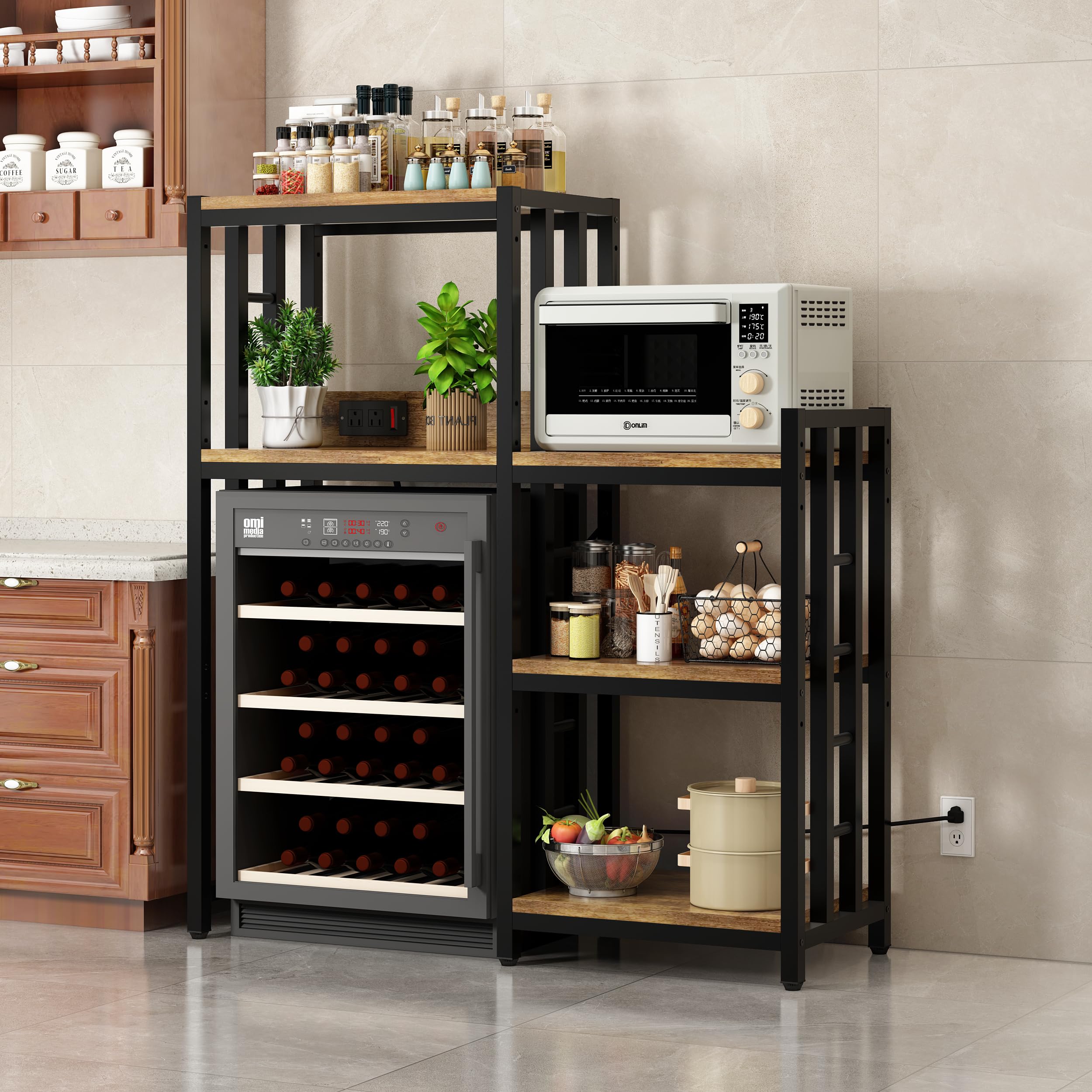 6-Tier Kitchen Baker's Rack with Power Outlet & Storage Shelves - Microwave Stand, Mini Fridge Organizer for Spices, Pots & Pans - Perfect for Kitchen, Living Room & Office (Brown)