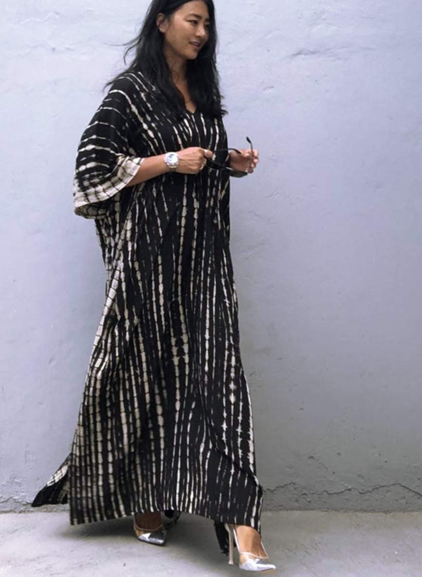 RanRui Women's Plus Size Kaftan Dresses - Striped Print Tie-Dye V-Neck Flowy Maxi Dress for Beach, Vacation & Summer Outfits | Boho Chic Loungewear & Cover-Up