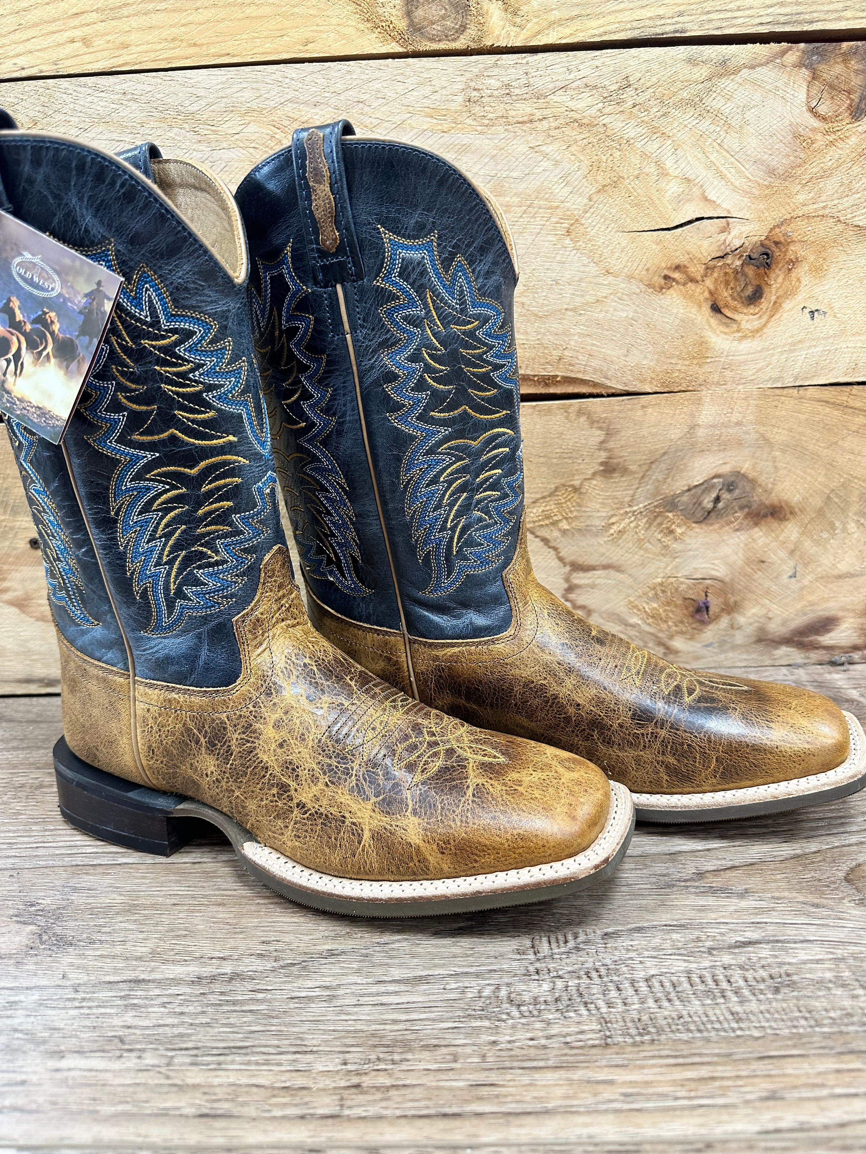 Men's Old West Boots - Burnt Brown & Navy Cowboy Boots for Western Style, Rodeo, and Country Fashion