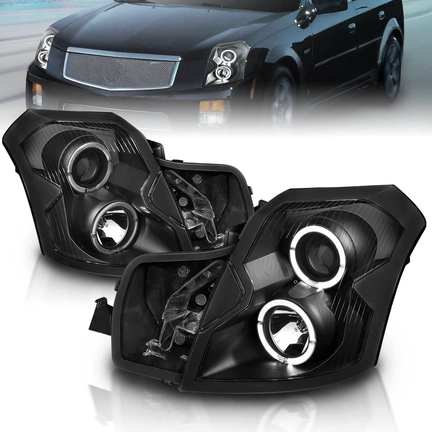 2003-2007 Cadillac CTS LED Halo Black Projector Headlights Pair - Direct Replacement for Factory Headlights | Perfect for Night Driving & Car Customization