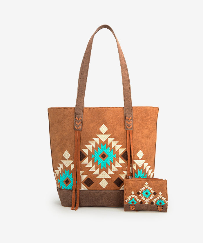 Montana West Aztec Embroidered Tote Bag Set for Women - Stylish Boho Shoulder Bag with Handmade Tribal Patterns - Perfect for Travel, Beach, Shopping & Everyday Use