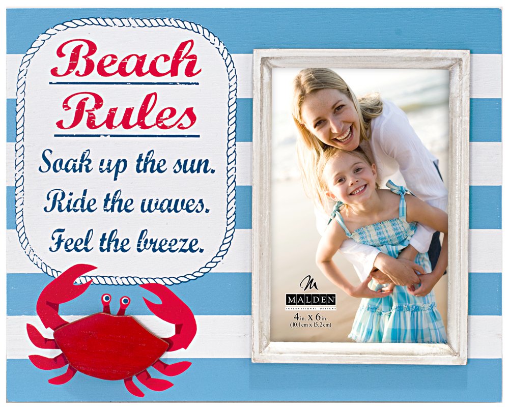 Malden International Designs Shoreline Silkscreened 'Beach Rules' 4x6 Wood Picture Frame - Blue & White Coastal Decor for Beach House, Bathroom or Nursery Wall Art