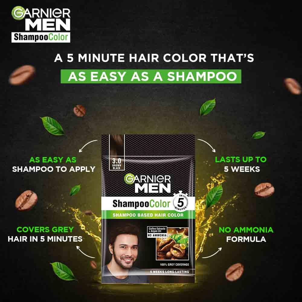 Garnier Men Shampoo Hair Color Shade 3.0 Brown Black - Pack of 6 | Permanent Hair Dye for Men | Covers Gray Hair | Easy Application at Home | Salon-Quality Results for Natural-Looking Color