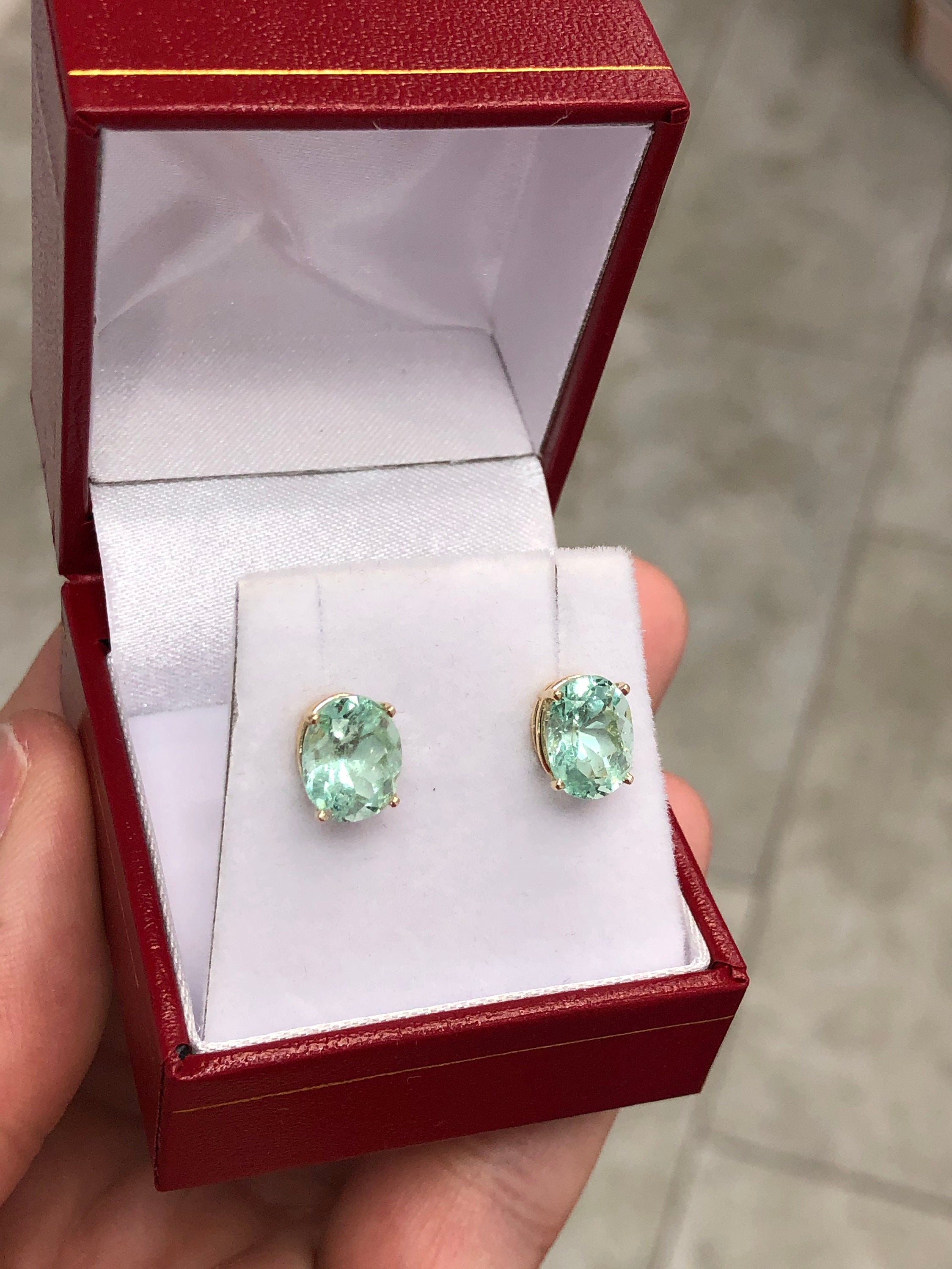 4.09tcw Light Green Emerald Oval Cut Stud Earrings - May Birthstone 14K Gold Jewelry for Women, Gift for Mother's Day, Anniversary & Special Occasions