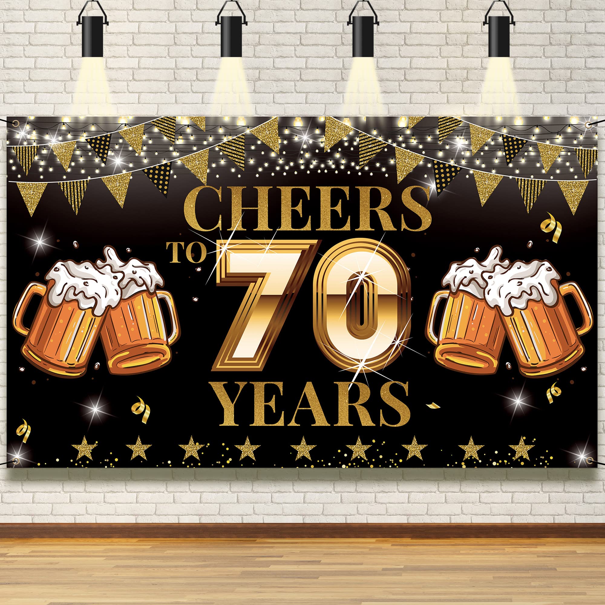 70th Birthday Decorations Banner - Cheers to 70 Years Party Sign for Men & Women | Black Gold Backdrop & Photo Props | Indoor/Outdoor Large Celebration Decor | Perfect for Milestone Parties, Retirement Celebrations & Family Gatherings