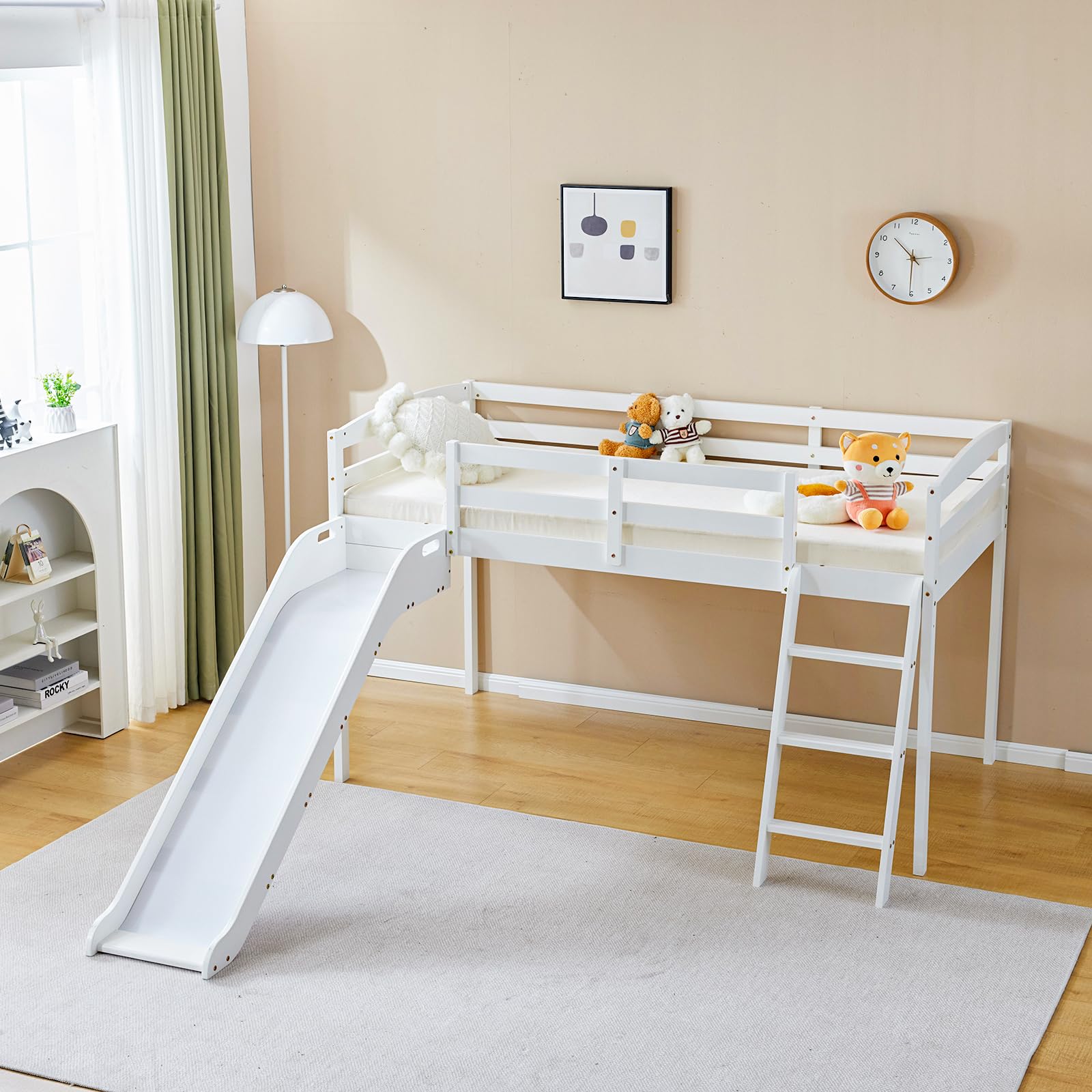 JOYMOR Twin Size Low Loft Bed with Curved Slide & Ladder - Solid Pine Wood Frame, 14