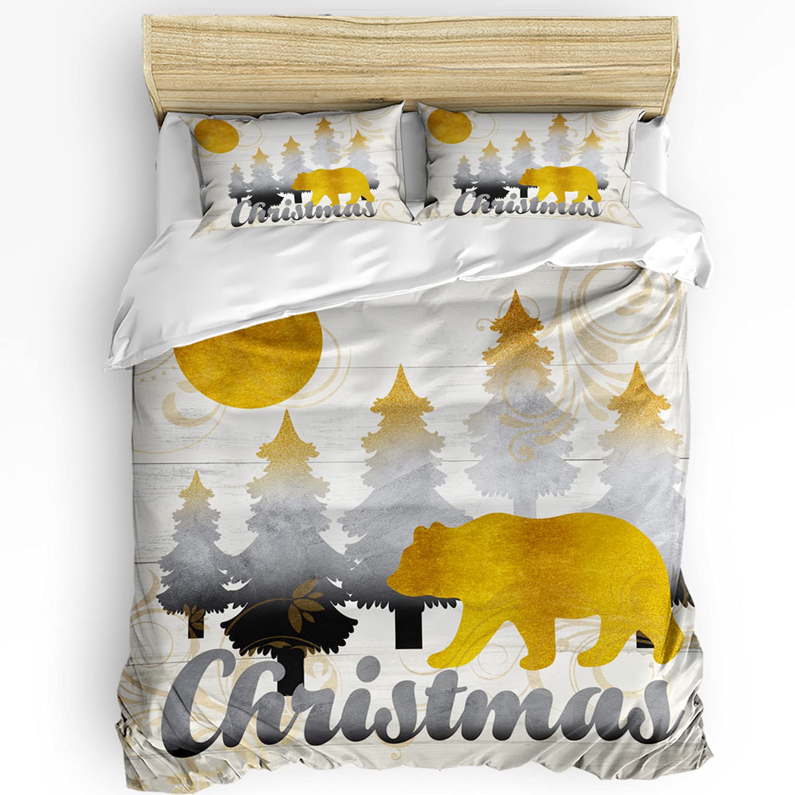 HELLOWINK 3-Piece King Size Duvet Cover Set - Christmas Bear & Golden Rustic Xmas Tree Wood Design with 2 Pillow Shams, Lightweight Soft Comforter Cover for Cozy Winter Bedroom Decor | Perfect Holiday Gift for Christmas Home Decor