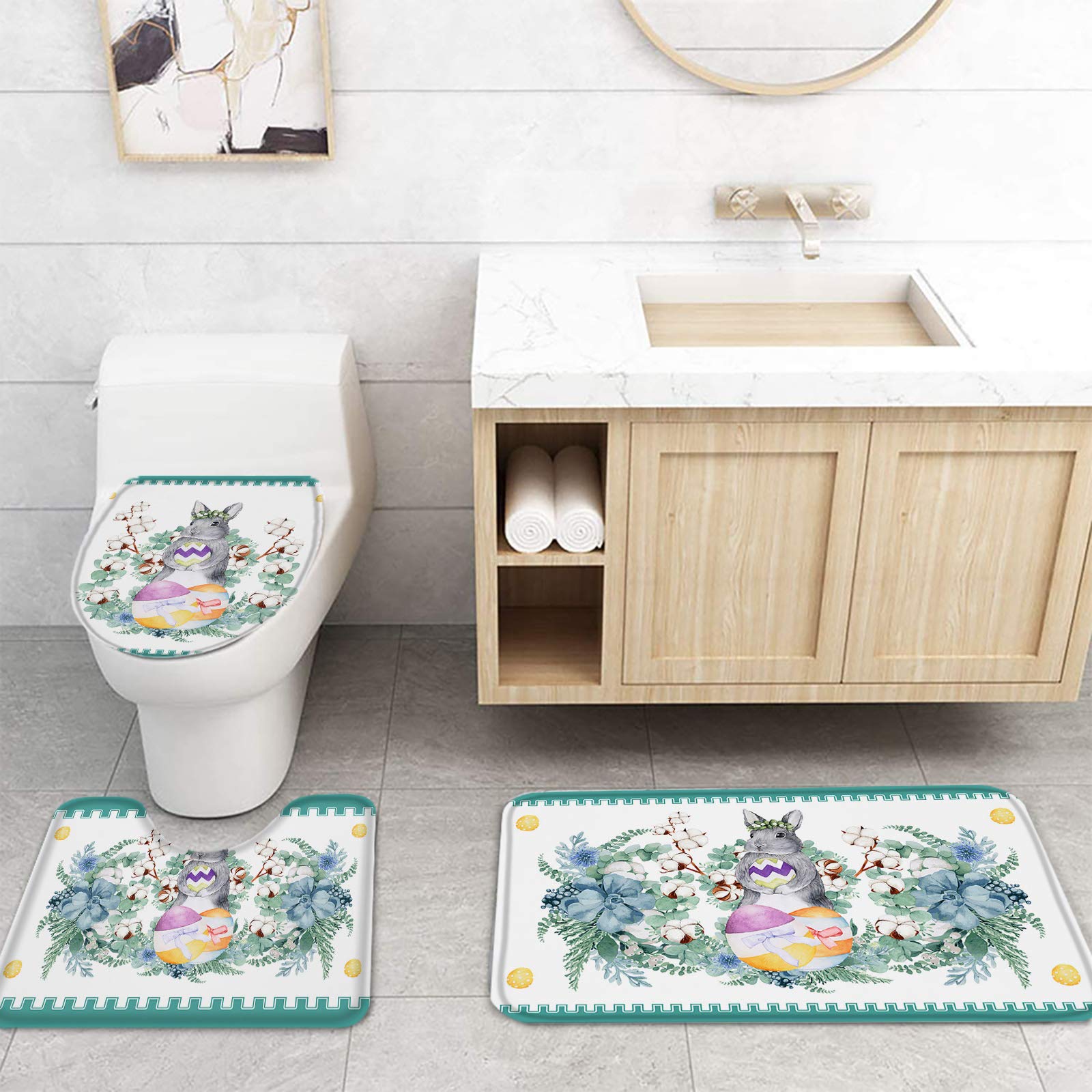 4Pcs Non-Slip Bathroom Rugs Set - Cute Cartoon Rabbit Easter Decor with Shower Curtain, Toilet Cover & Bath Mat | Soft & Absorbent for Bathroom, Kitchen, Laundry Room | Perfect Easter Gift & Home Decor
