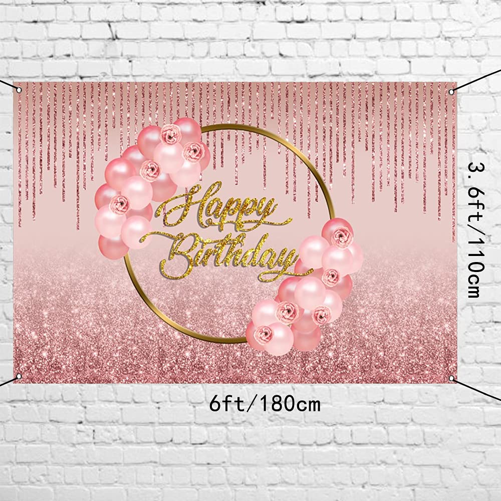 Rose Gold Glitter Birthday Banner - 6x3.6ft Polyester Happy Birthday Backdrop for Women's Party Decor, Rose Gold Sign Poster for Birthday Celebrations | Perfect for Birthday Parties, Baby Showers & Anniversary Decorations