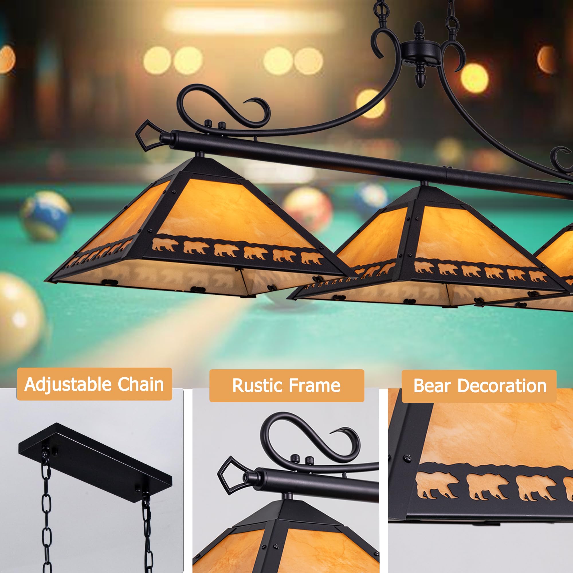 TOCHIC 3-Light Tiffany Style Billiard Pool Table Chandelier - 49.5