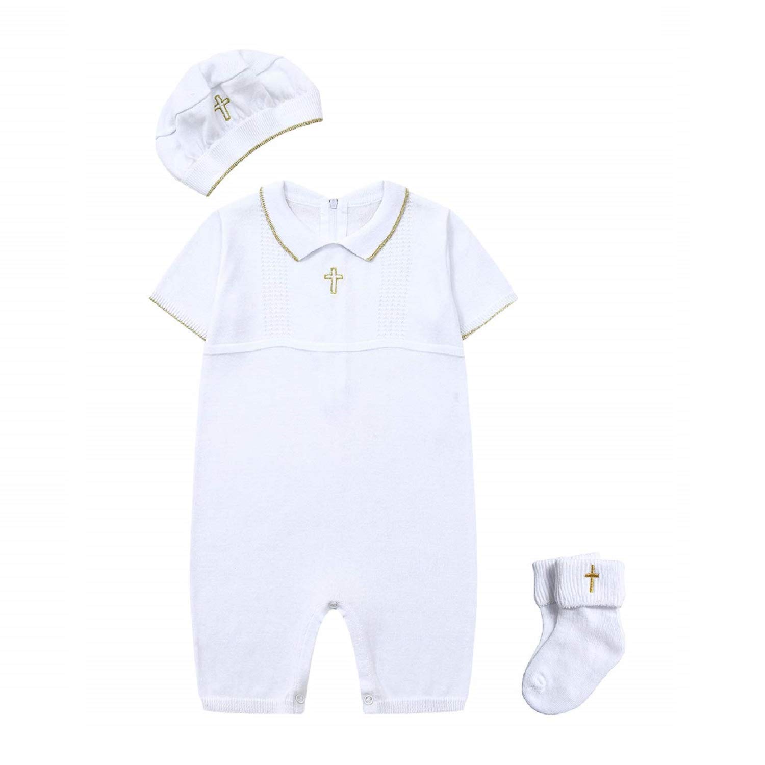 Premium Baby Boy Baptism Outfit Set with Hat & Socks - Elegant Christening Gown with Cross Detail - Perfect for Church Ceremonies & Special Occasions