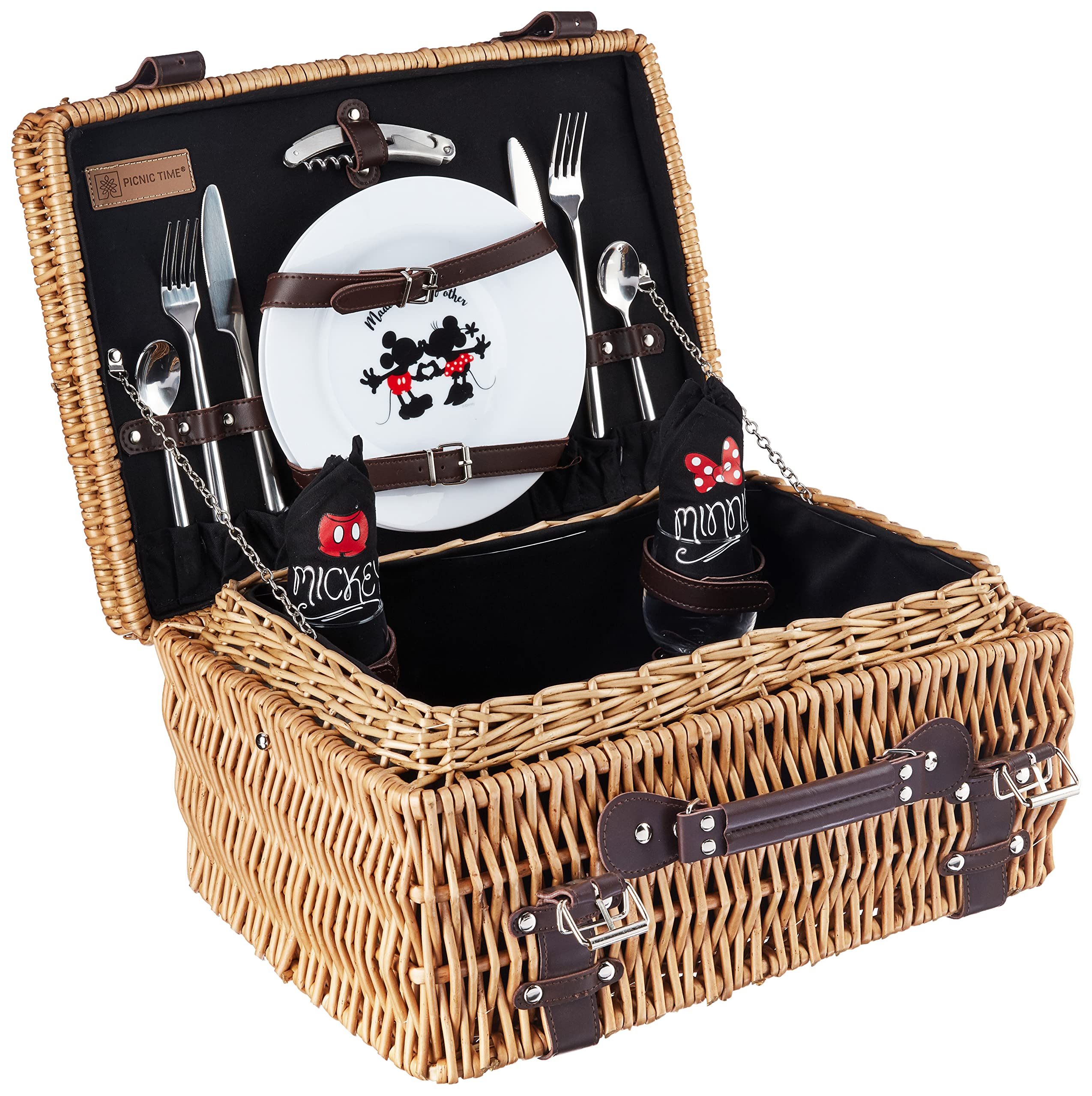 Disney Mickey Mouse & Minnie Mouse Champion Picnic Basket for 2 - Large Wicker Picnic Set with Cutlery Service Kit (Black with Brown Accents) | Perfect for Outdoor Dining, Romantic Dates & Family Picnics in Parks