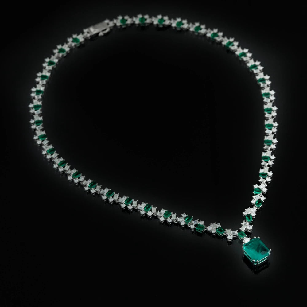 Vintage 925 Sterling Silver Emerald & Diamond Pendant Necklace for Women - 15x17mm High Carbon Gemstone Jewelry - Perfect Gift for Anniversary, Birthday & Special Occasions