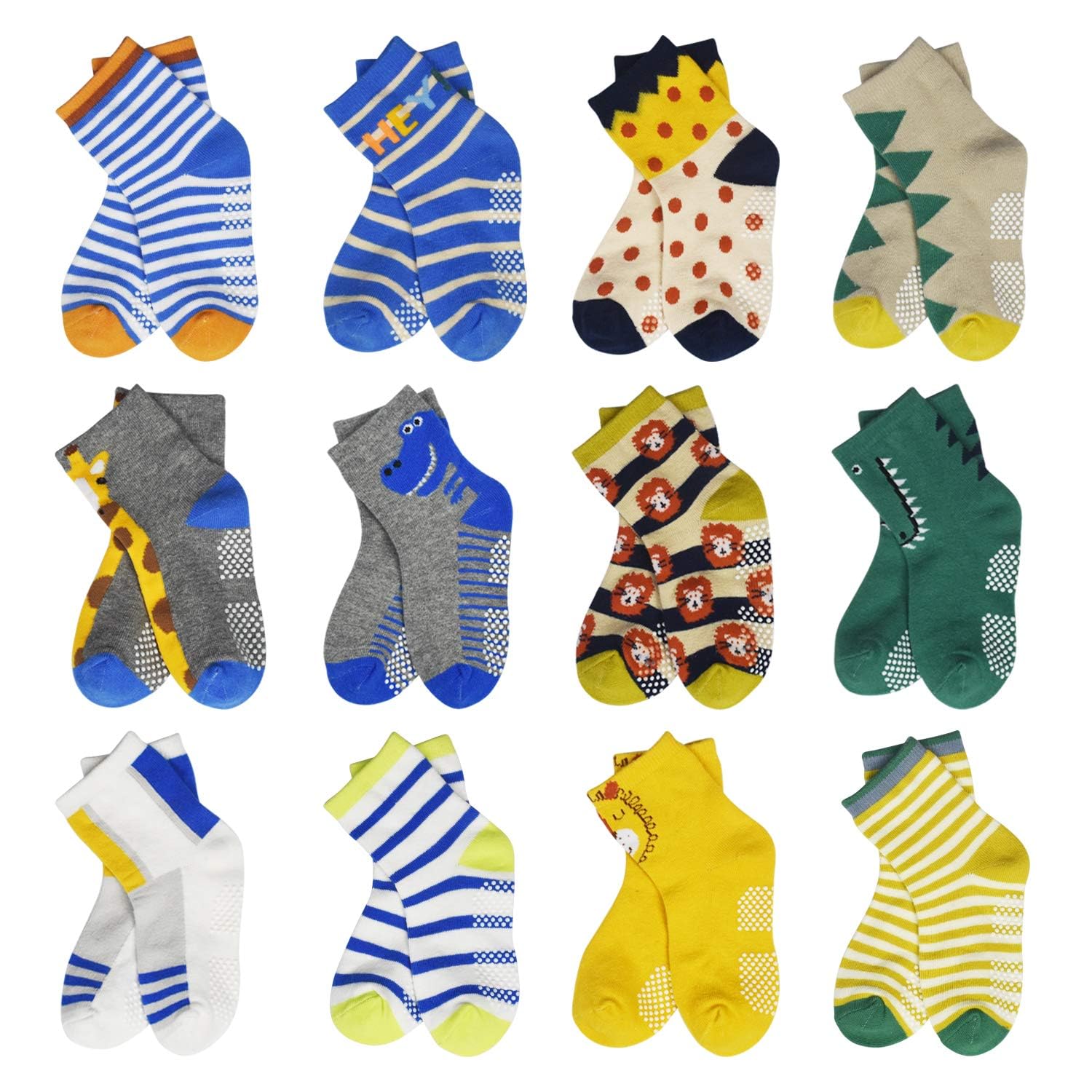 HYCLES Non-Slip Toddler Socks with Grips - 12 Pairs Baby & Kids Cotton Slipper Socks for Boys & Girls Ages 1-7 Years - Perfect for Playtime, Daycare & Learning to Walk