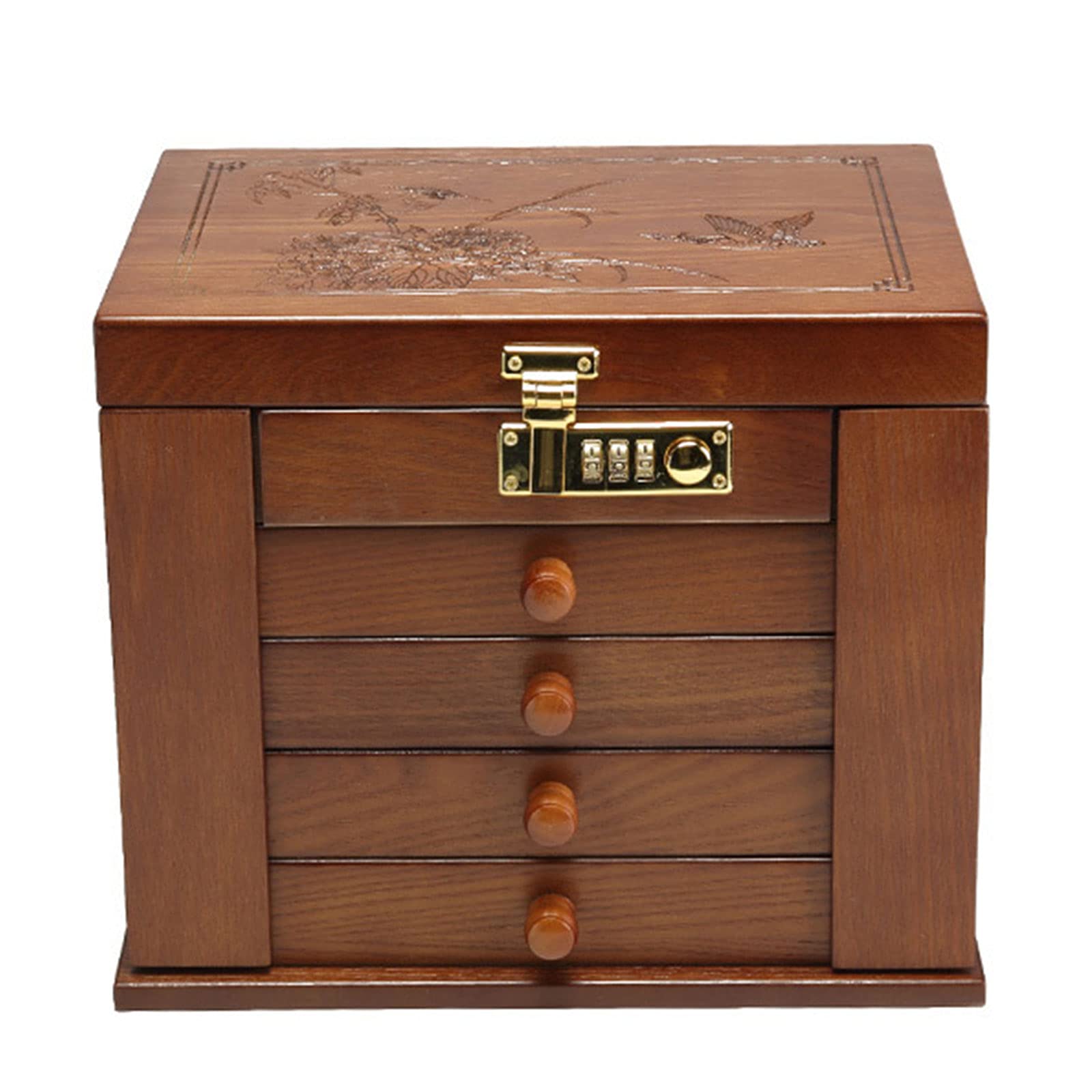 5-Layer 4-Drawer Wooden Jewelry Box Organizer with Combination Lock - Large Dresser Top Jewelry Storage for Women - Mirror & Velvet Lined Interior (Dark Natural, US Stock) - Perfect for Bedroom Vanity, Travel & Gift Giving
