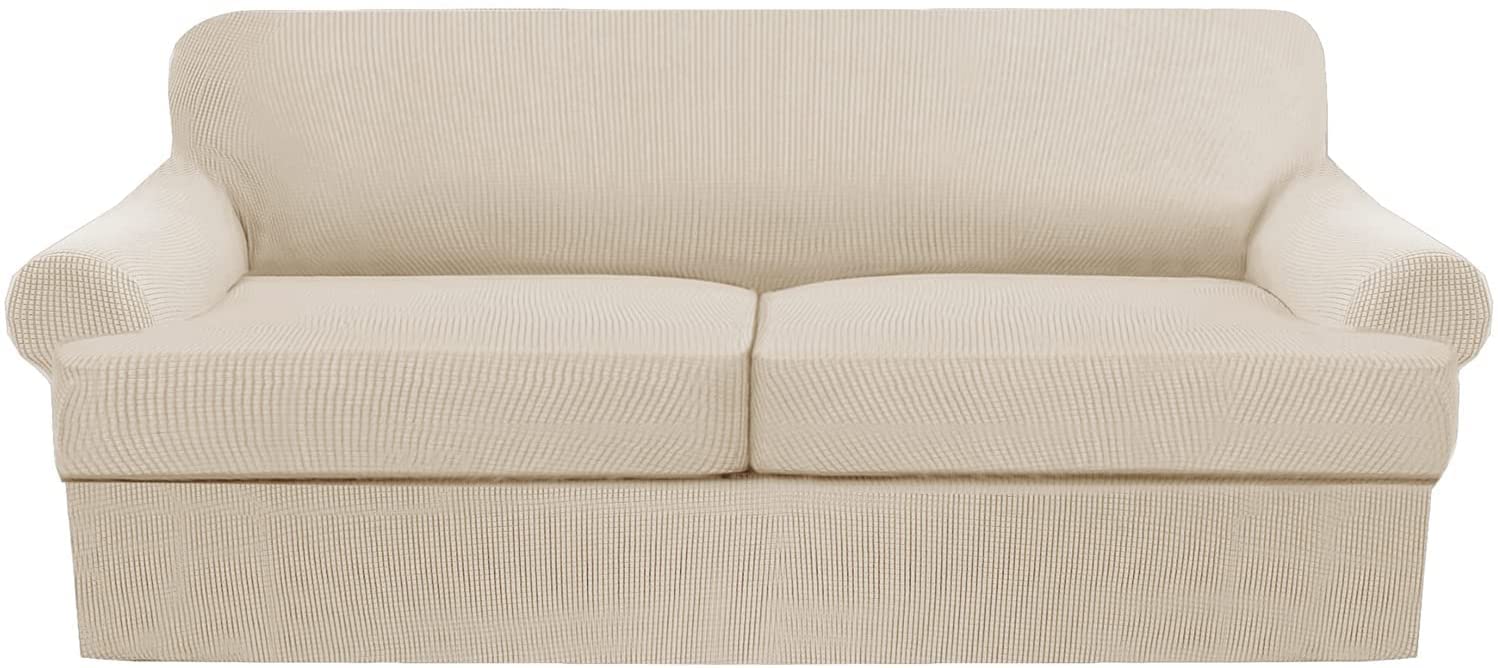 Stretch Sofa Cover 3-Piece Set with 2 T-Cushion Covers - Jacquard Knit Slipcover Furniture Protector for Couches & Sectionals - Home Decor Living Room Upgrade (Beige) | Perfect for Pet Owners, Family Gatherings & Daily Use