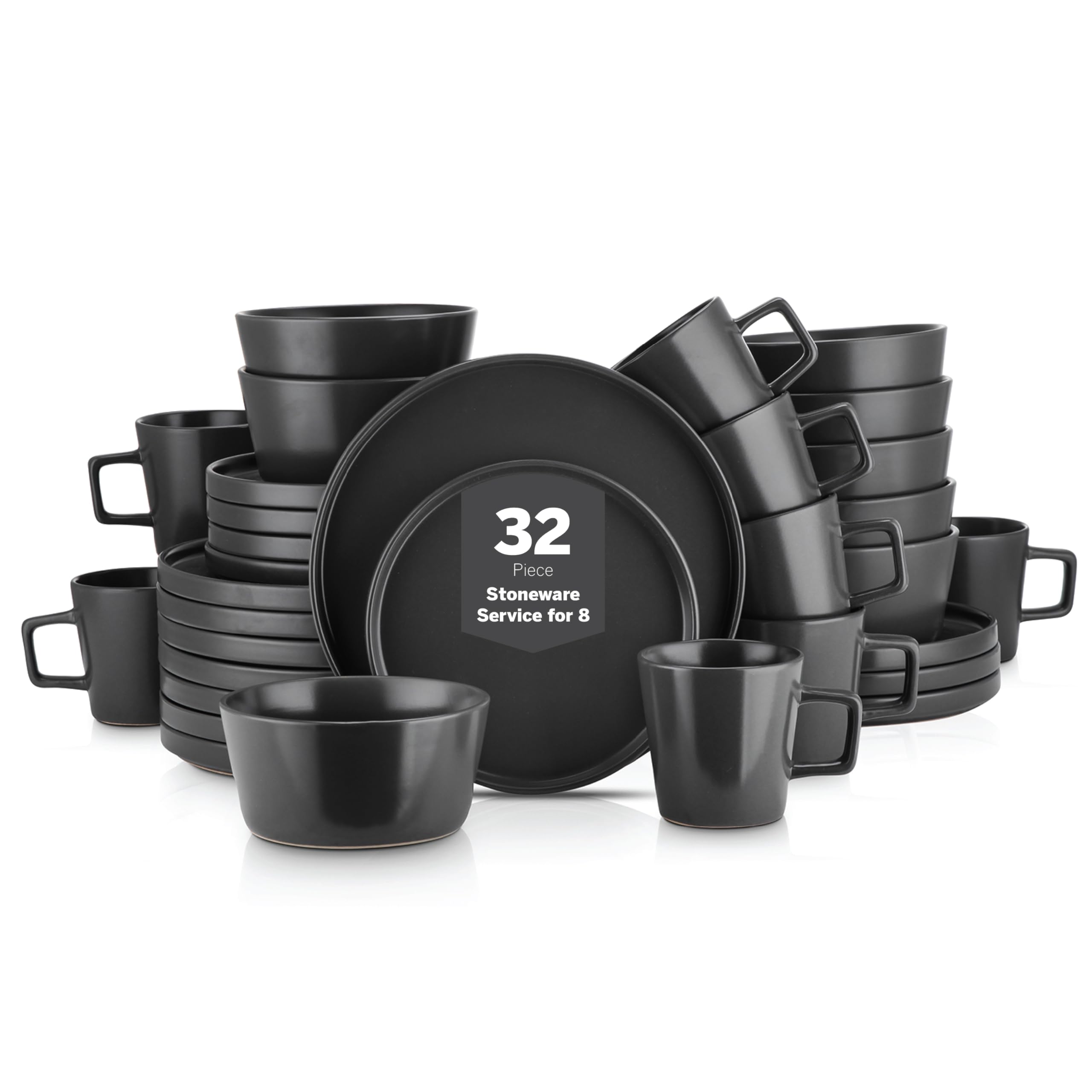 32-Piece Stoneware Dinnerware Set - Stone Lain Coupe Celina Service for 8, Black Matte Plates & Bowls, Dishwasher & Microwave Safe - Perfect for Family Dinners, Entertaining Guests & Everyday Use