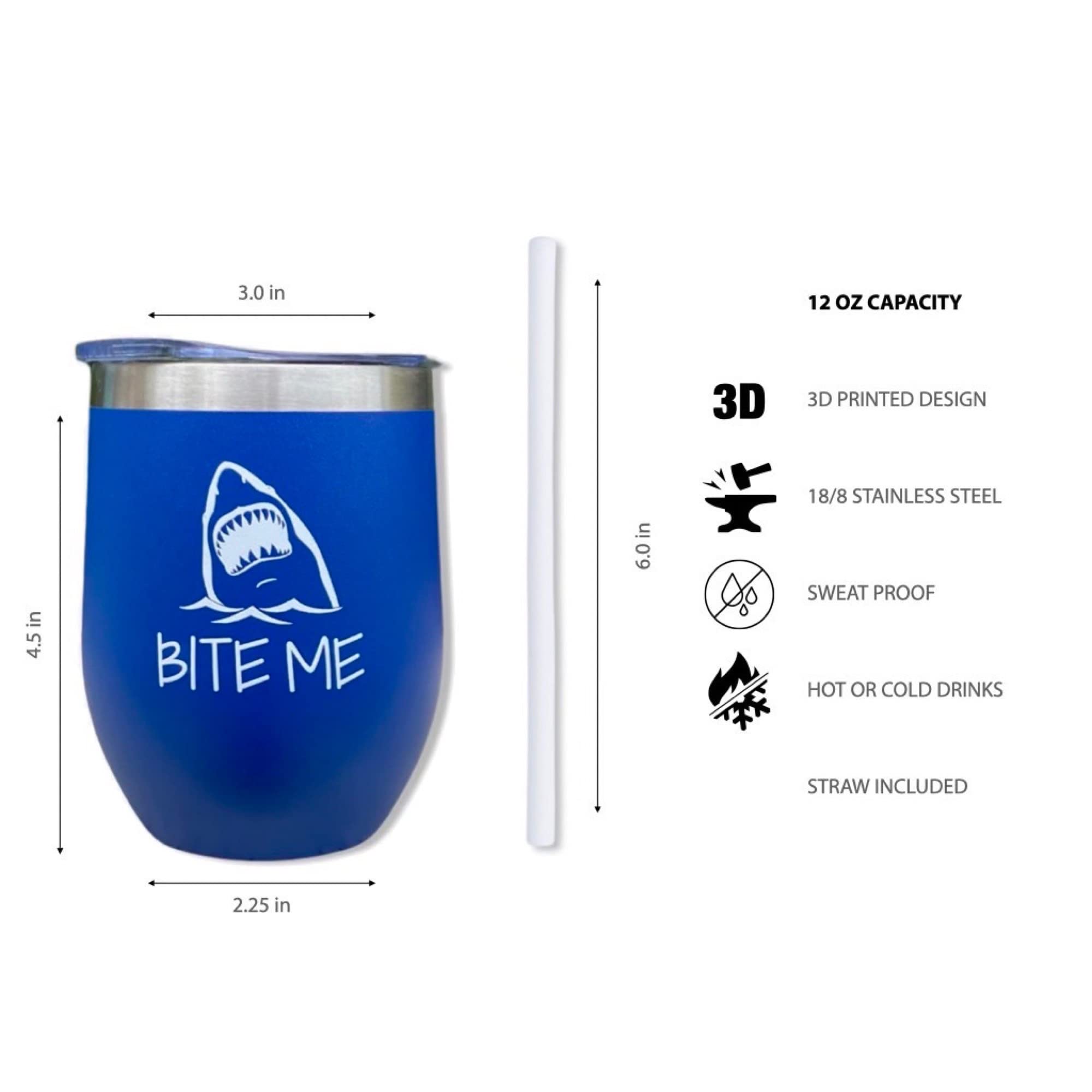 Shark Bite Me Tumbler - Funny Shark Gift for Shark Week, Shark Lover, Men & Women - Blue 12oz Wine Tumbler for Beach Parties, Outdoor Adventures & Shark Enthusiasts