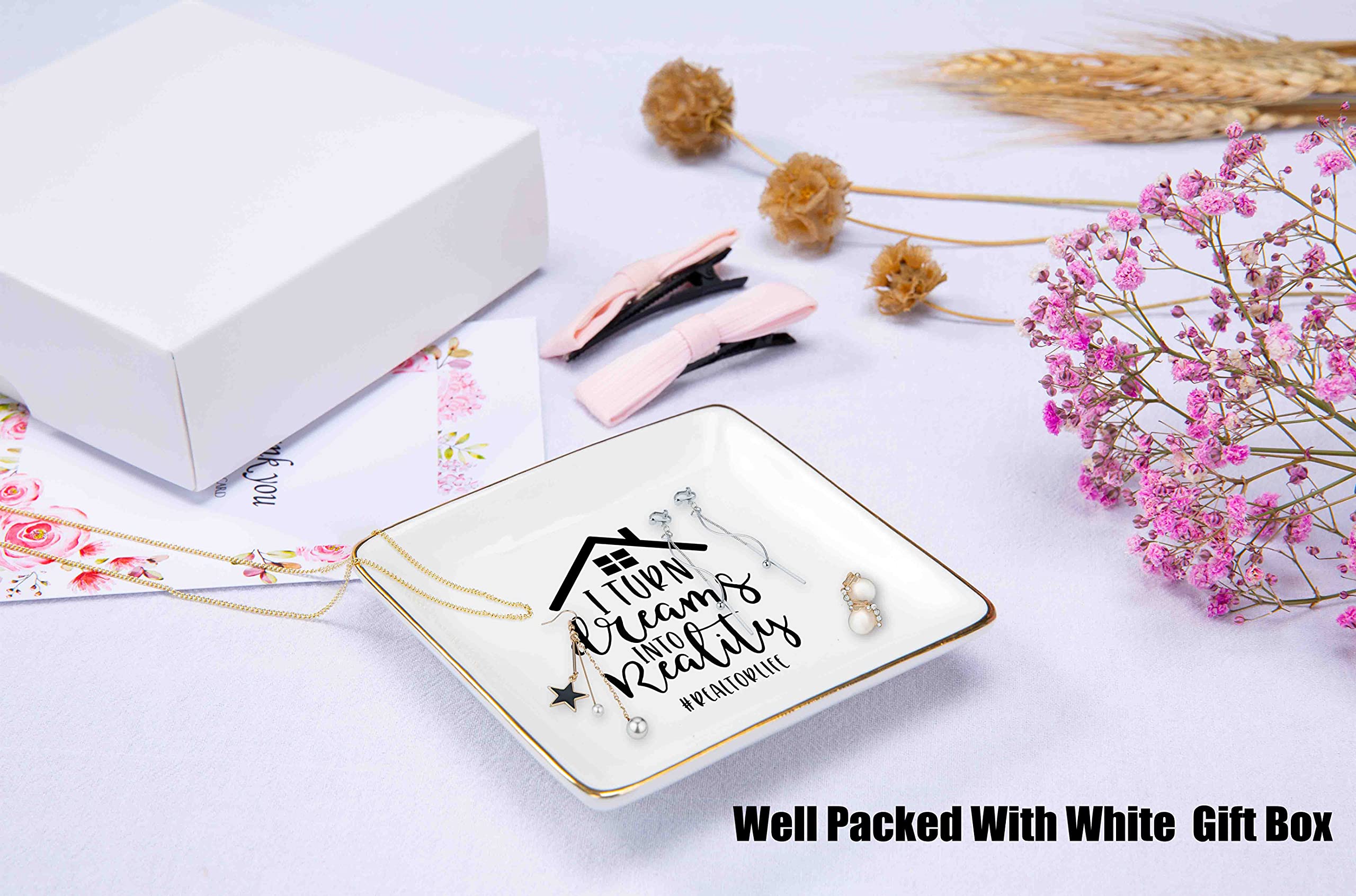 Topthink Realtor Gift - Ceramic Jewelry Holder & Ring Dish for Real Estate Agents - Perfect Closing Gift for Valentine's Day, Birthday, Christmas - 'Best Broker I Turn Dreams Into Reality' Trinket Tray - Ideal for Home Decor, Office Desk Organizer & Gift Giving