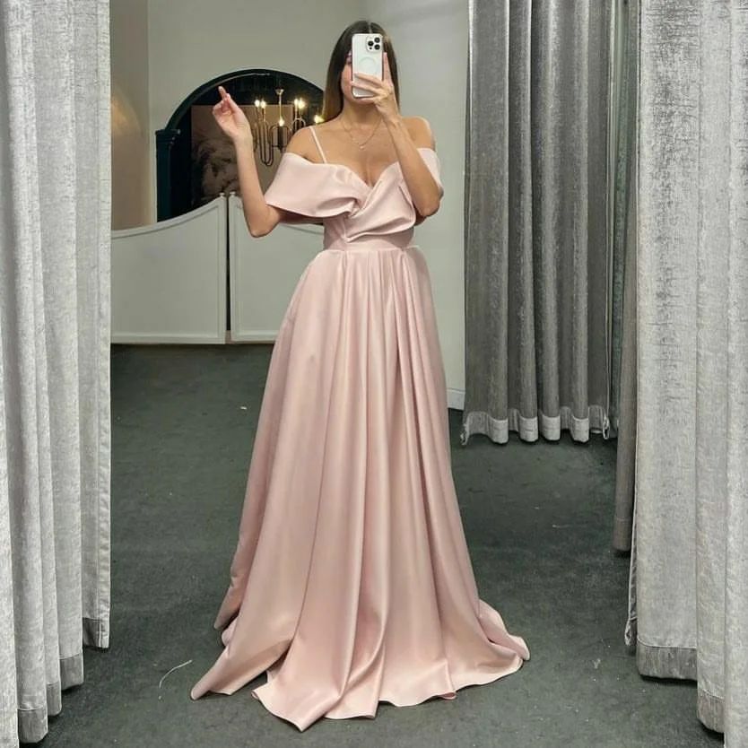 Elegant Off-The-Shoulder A-Line Pink Satin Long Prom Dress J3131 | Formal Evening Gown for Homecoming, Wedding, and Special Occasions