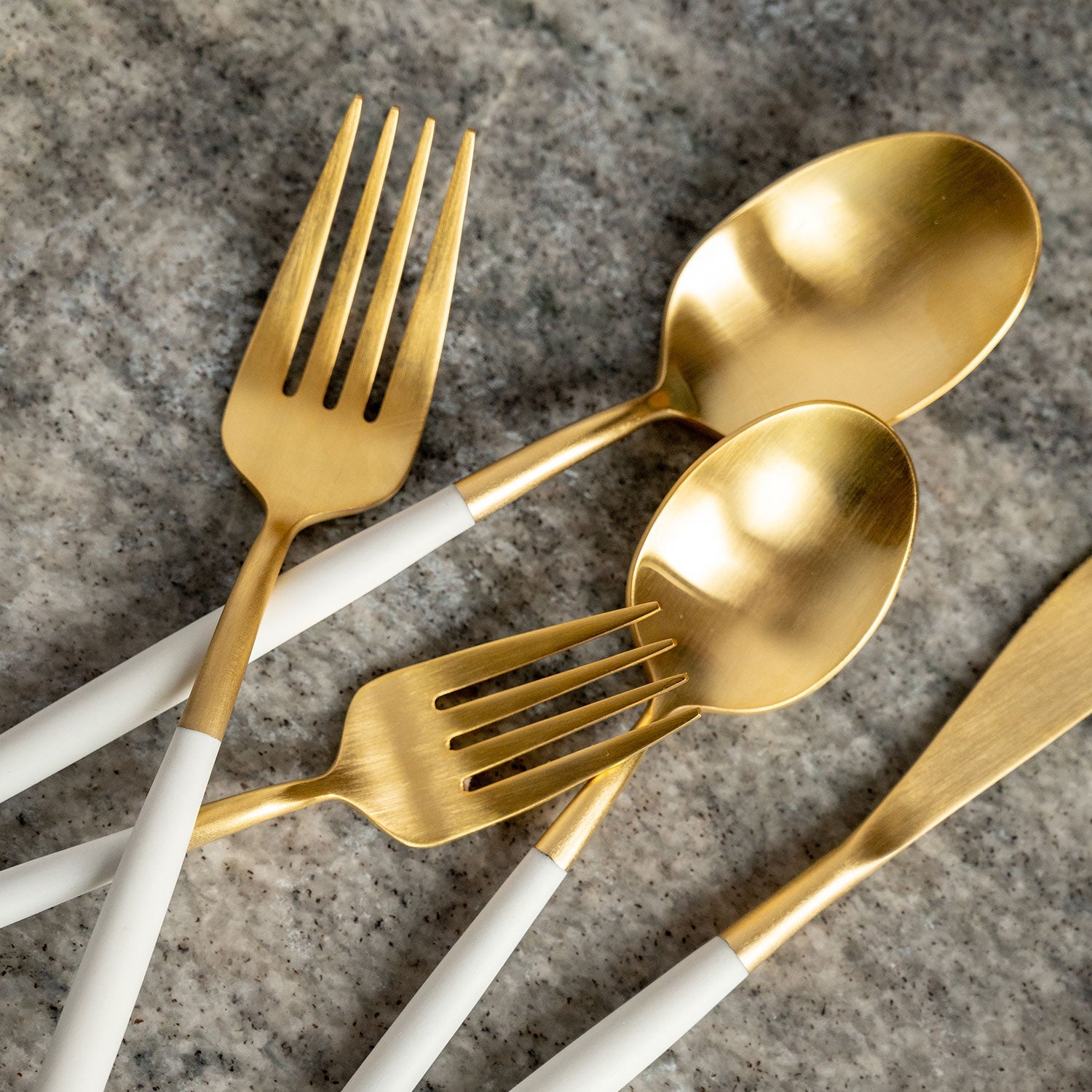 Luxury 20-Piece Flatware Set with Gold Satin Finish & White Pom Handle - Elegant Dinnerware for Wedding, Bridal Shower, and Special Occasions