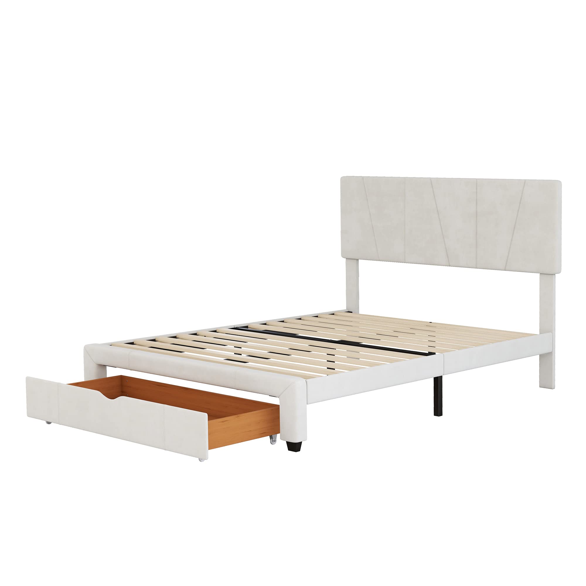 SOFTSEA Full Size Upholstered Bed Frame with Storage Drawer, Velvet Platform Bed with Adjustable Headboard - Modern Bedroom Furniture for Small Spaces & Guest Rooms