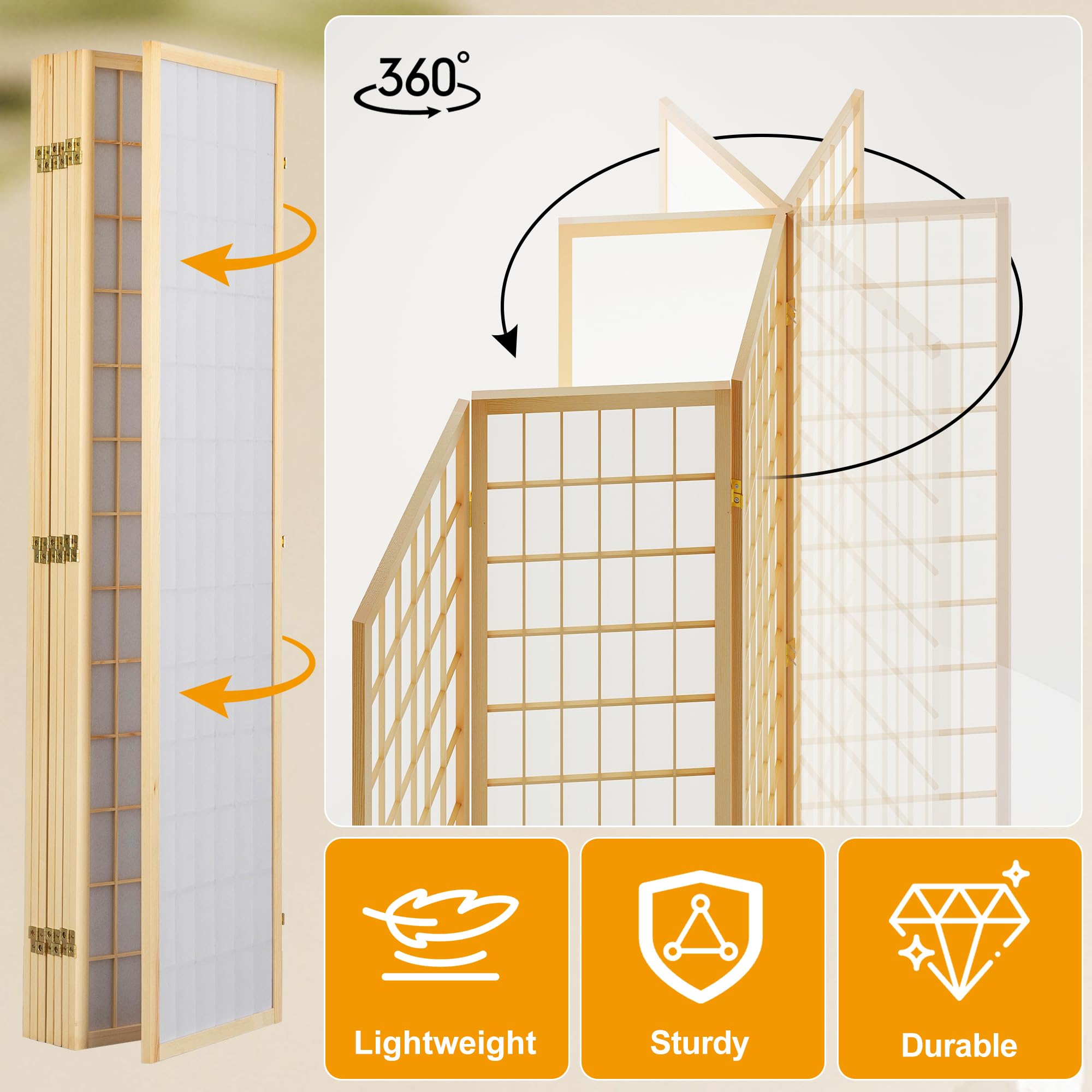 6 Panel Shoji Screen - Japanese Style Folding Room Divider for Privacy - 66.9 Inch Natural Wood Frame - No Assembly Needed - Perfect for Living Room, Bedroom, Office & Meditation Space