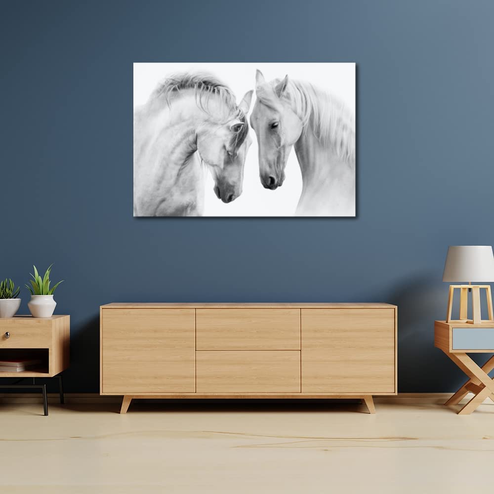 Black and White Horse Wall Art - Modern Canvas Print for Dining Room, Office, Hotel & Living Room Decor - Ready to Hang 140x70cm - Perfect for Farmhouse, Rustic & Contemporary Interior Design