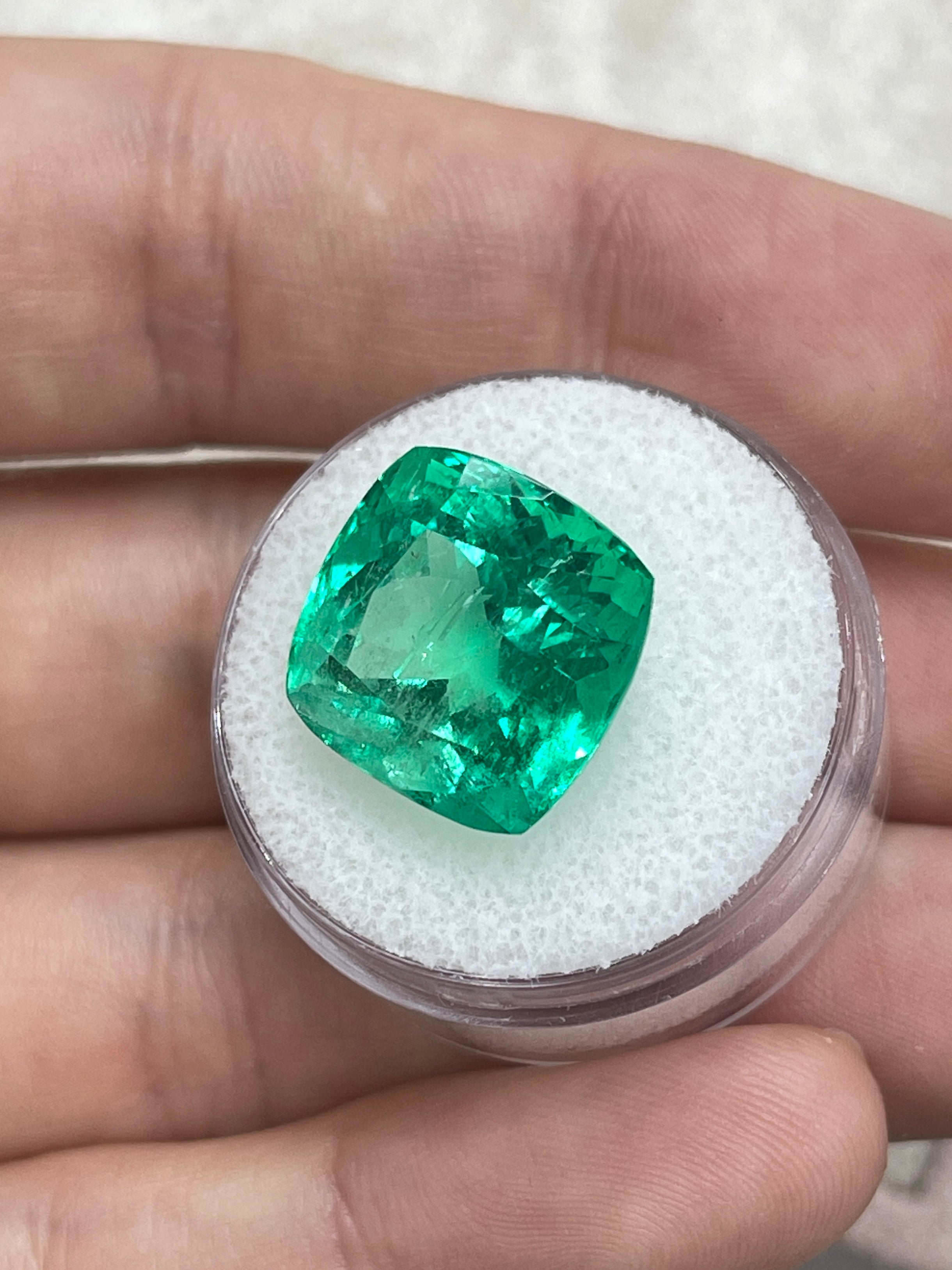 13.88 Carat 14x14mm Bluish Green Cushion Cut Loose Colombian Emerald - Ethically Mined Natural Gemstone for Jewelry Making, Engagement Rings & Luxury Gifts