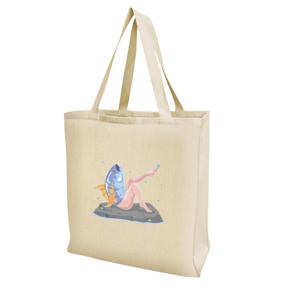 Funny Reverse Mermaid with Tuna Head Design - Reusable Grocery Tote Bag for Shopping, Beach & Travel | Eco-Friendly Cotton Canvas Carryall