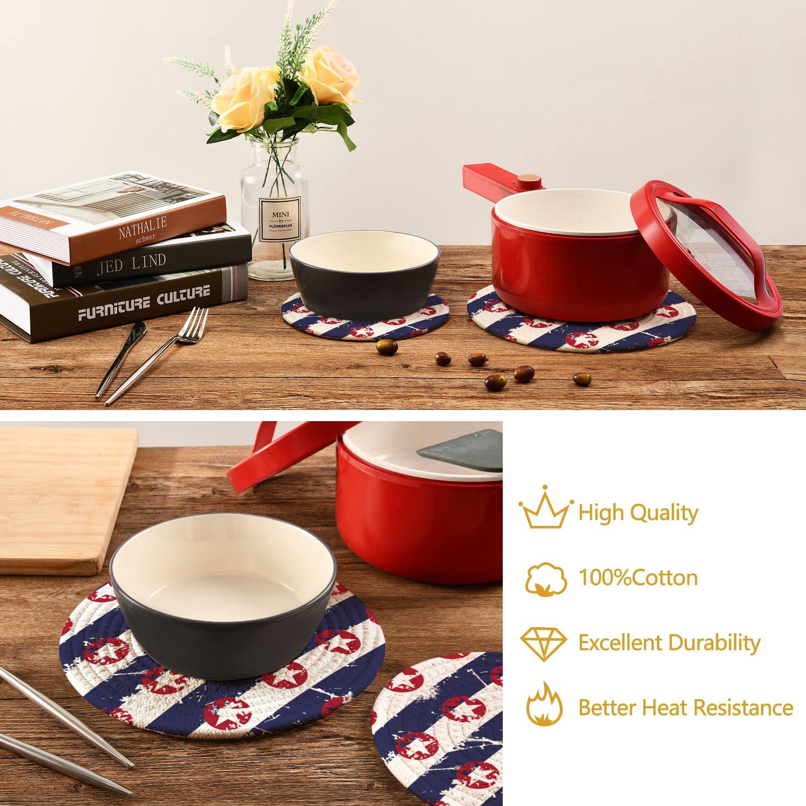 Diagonal Stripes Stars Pot Holder Trivet Set of 2 - Heat Resistant Thread Weave Hot Pads (7 & 9 Inches) for Countertop, Hot Pots & Pans - Perfect for Kitchen, Dining & BBQ Use