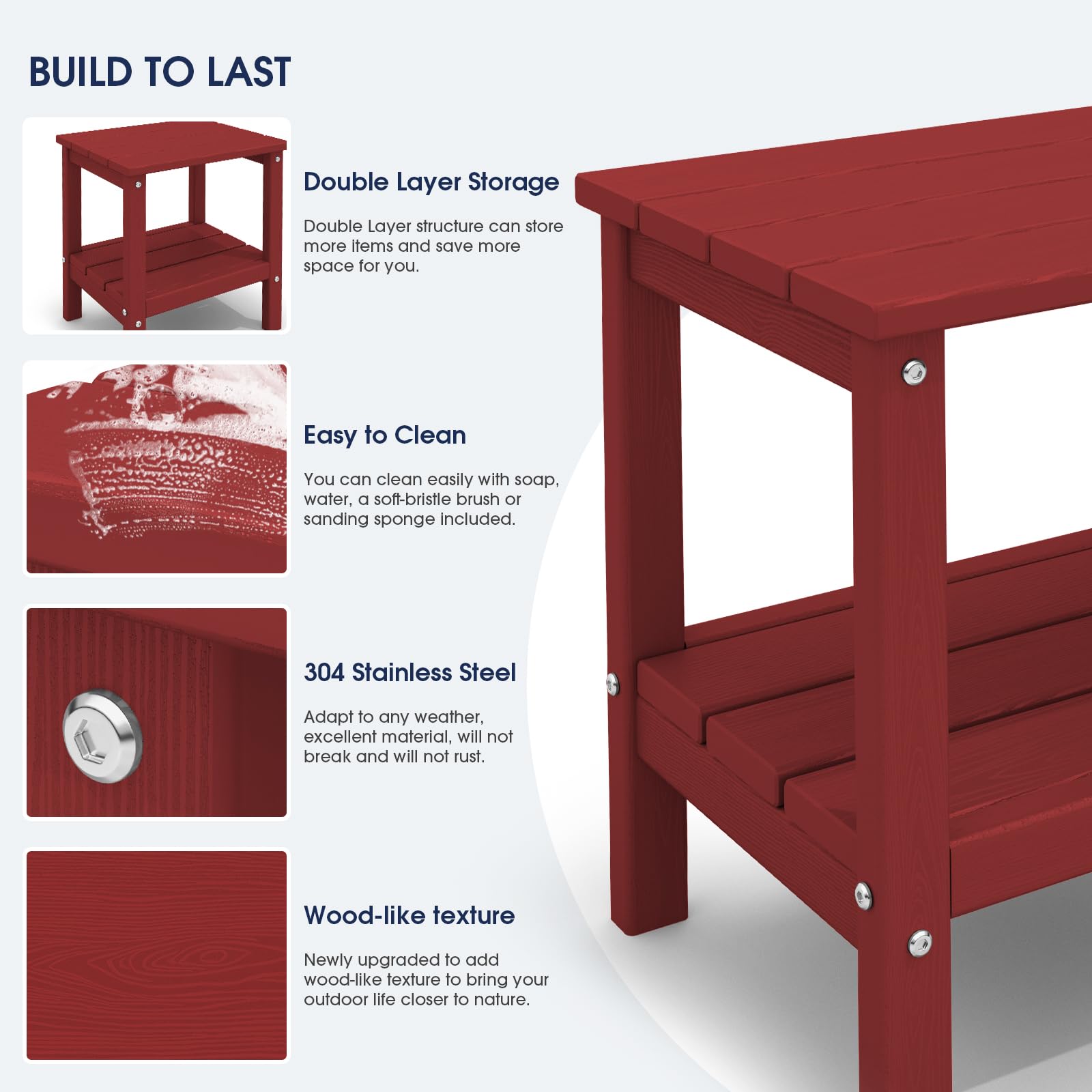 KINGYES Outdoor Side Table Set of 2 - Double Layer Adirondack End Tables in Red - Perfect for Patio, Deck, Garden, and Poolside Use