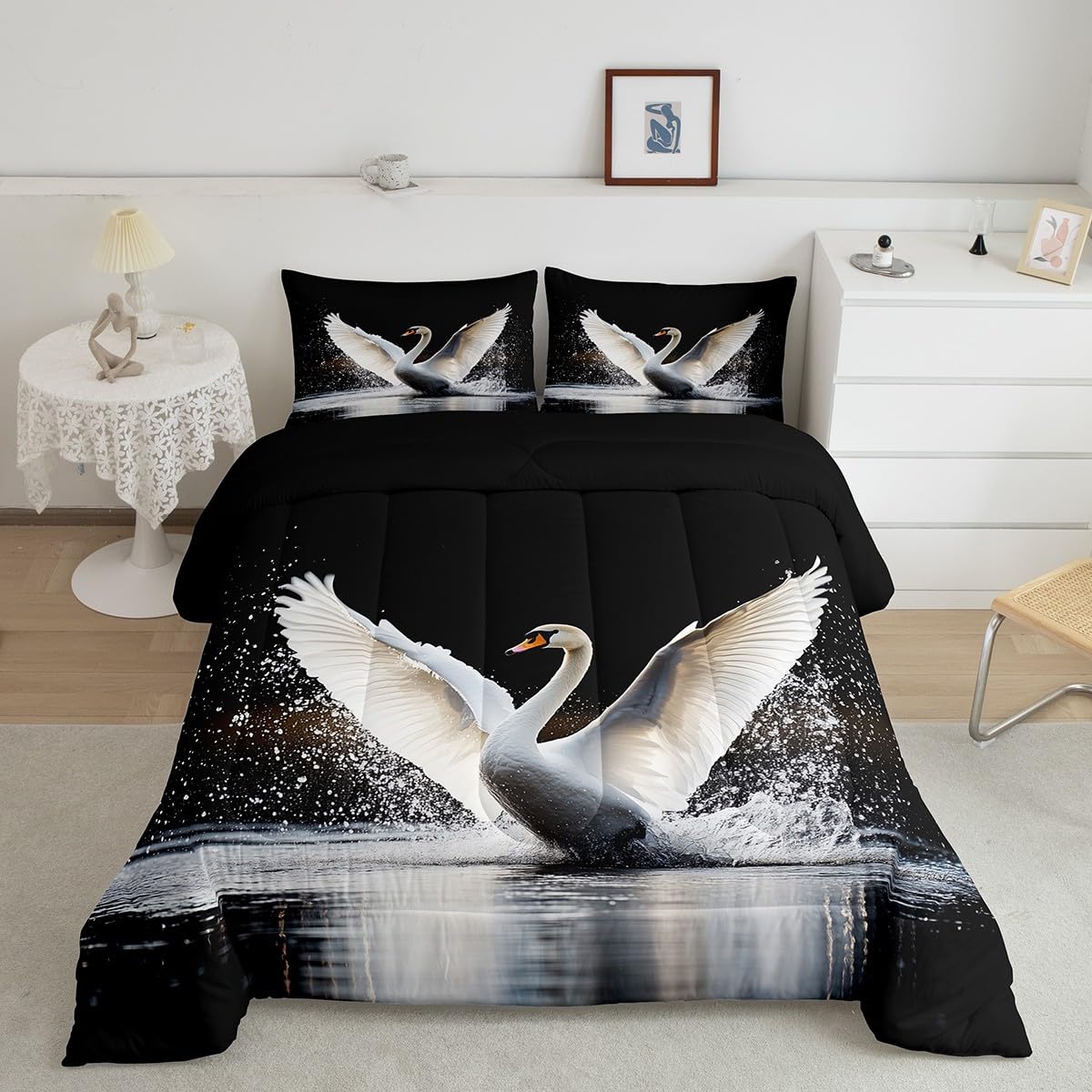 Black Swan Lake Queen Size Duvet Insert - Ocean Wildlife Comforter Set with White Goose Design, Wild Animals Bedding for Kids, Teens & Adults | Perfect for Nursery, Bedroom Decor & Themed Rooms
