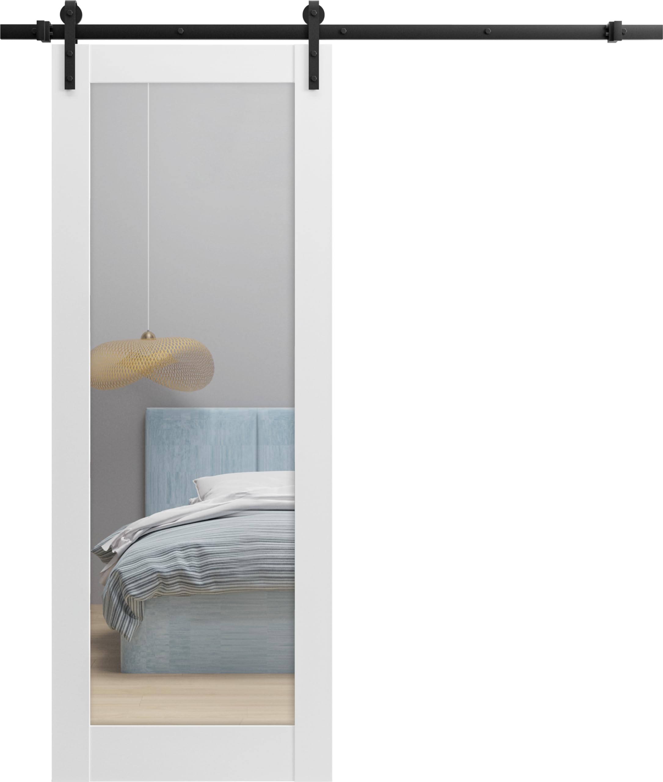 Lucia 2166 White Silk 32x80 Inch Solid Panel Interior Barn Door with Clear Glass - Top Mount 6.6FT Heavy Duty Rail Hangers Hardware Set for Bedroom, Closet & Home Office