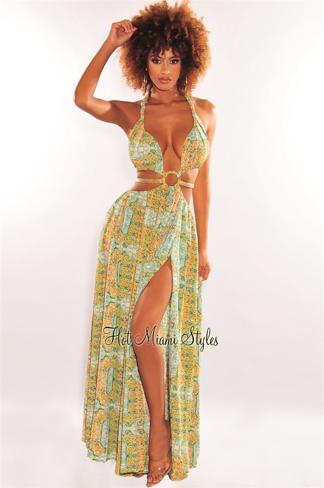 Elegant Green Print O-Ring Cut Out Gold Belted Double Slit Maxi Dress for Women - Perfect for Evening Parties, Weddings & Special Occasions