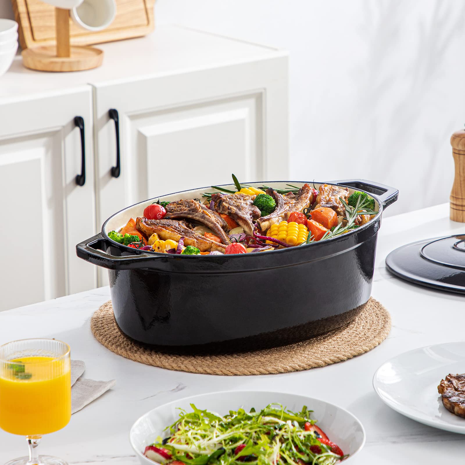 Vancasso Enameled Cast Iron Oval Dutch Oven - 9.3 Quart Non-Stick Enamel Coated Pot with Lid - Perfect for Bread Baking, Soups, Stews & Camping - Black Double Handle Cookware for Oven & Stovetop Use