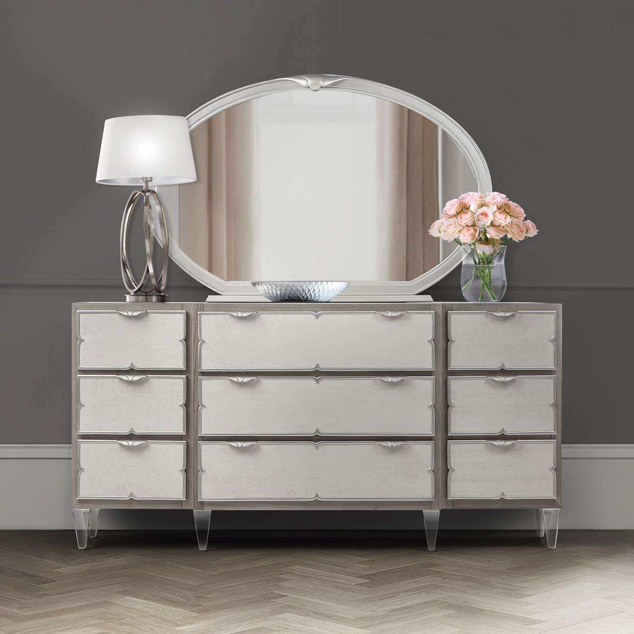 Aico Amini Camden Court 2-Piece Dresser & Oval Mirror Set in Pearl Finish - Perfect for Bedroom Furniture and Home Decor Organization