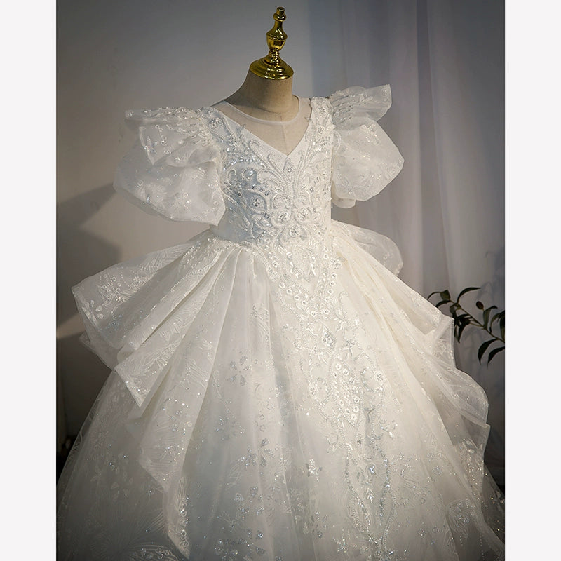 White Princess Round Floor Length Organza Flower Girl Dress for Weddings, Baptisms & Special Occasions