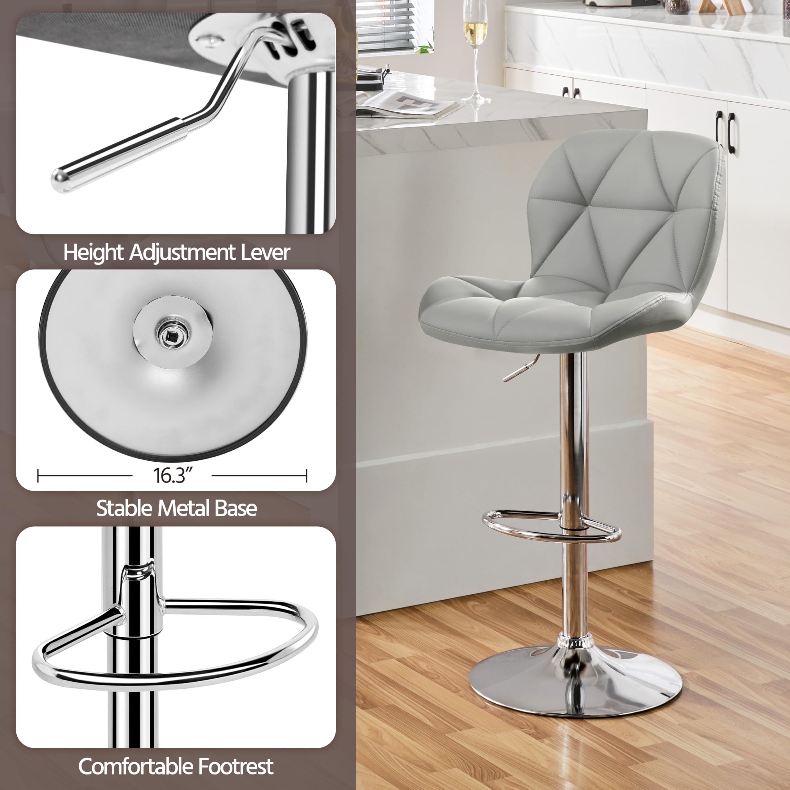 Yaheetech Set of 2 Adjustable Height Swivel Bar Stools with PU Leather Upholstery & Backrest - Light Grey Modern Kitchen Counter Stools for Dining, Breakfast Nook & Home Bar Decor