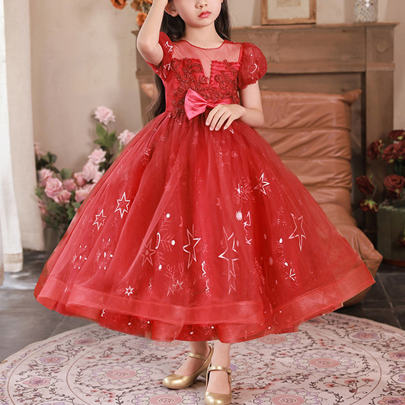 Elegant Tulle A-Line Flower Girl Dress with Lace & Sequin Details, Puff Sleeves for Tea Party - Perfect for Weddings, Birthday Parties & Special Occasions