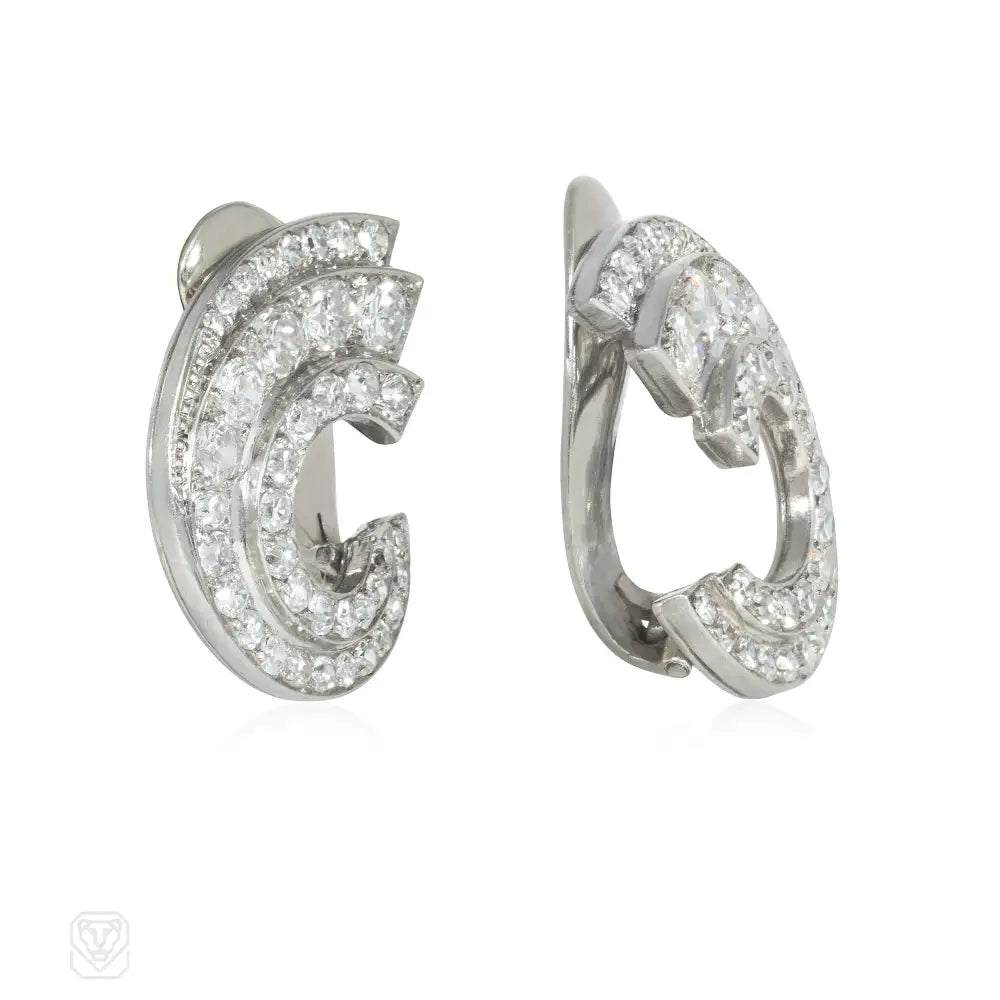 Art Deco Platinum and Diamond Scroll Earrings - Vintage Inspired Jewelry for Weddings, Parties & Special Occasions