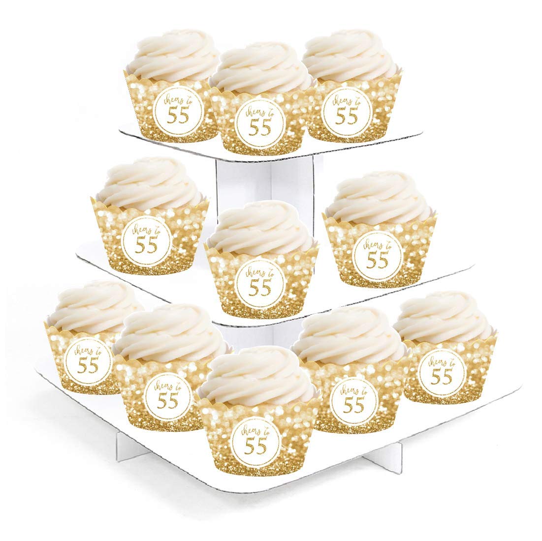 55th Birthday or Anniversary Cupcake Wrappers - 24-Pack Glitzy Gold Glitter Decorations (Non-Real Glitter) for Parties, Celebrations & Special Events