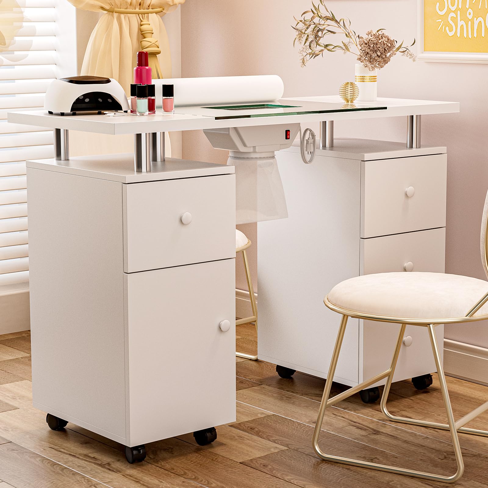 Professional Manicure Table with Glass Top - Electric Downdraft Ventilation, Wrist Cushion & Lockable Wheels - Nail Tech Station with Storage Drawers & Wooden Handles (White-Glass) - Perfect for Salon, Spa & Home Nail Art Studio