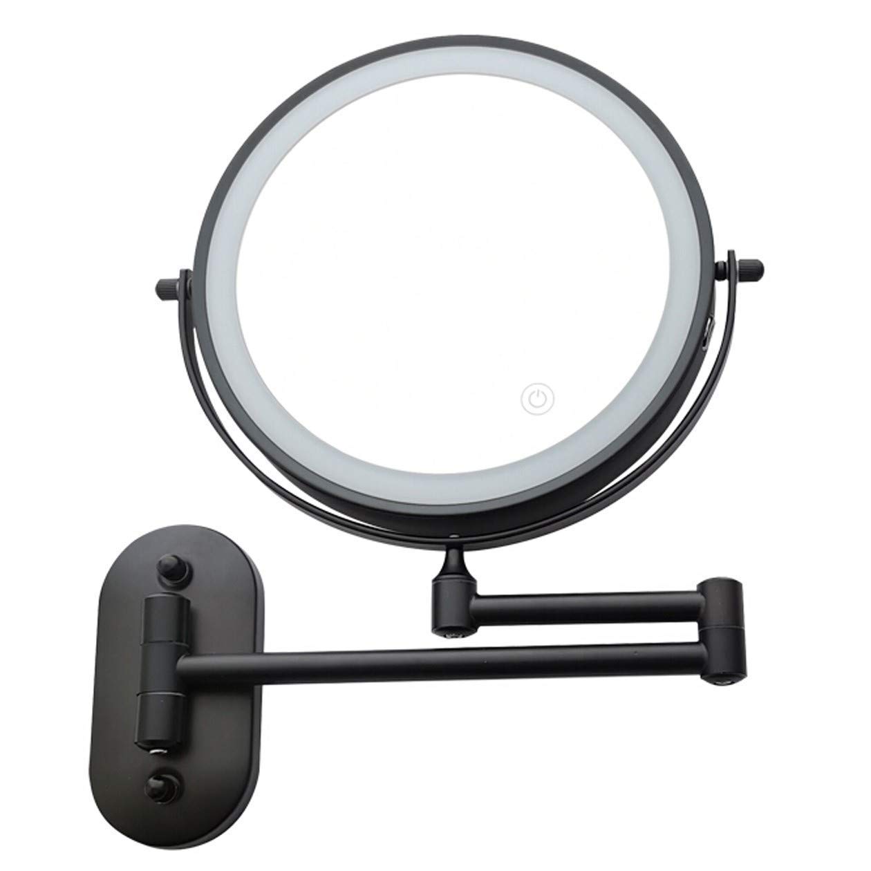 10x Magnifying Wall Mounted Makeup Mirror with LED Lights - 360° Swivel & Extendable Brushed Nickel Bathroom Vanity Mirror - Touch Control & USB Charging (8 Inch, Black) - Perfect for Makeup Application, Shaving, and Skincare Routines