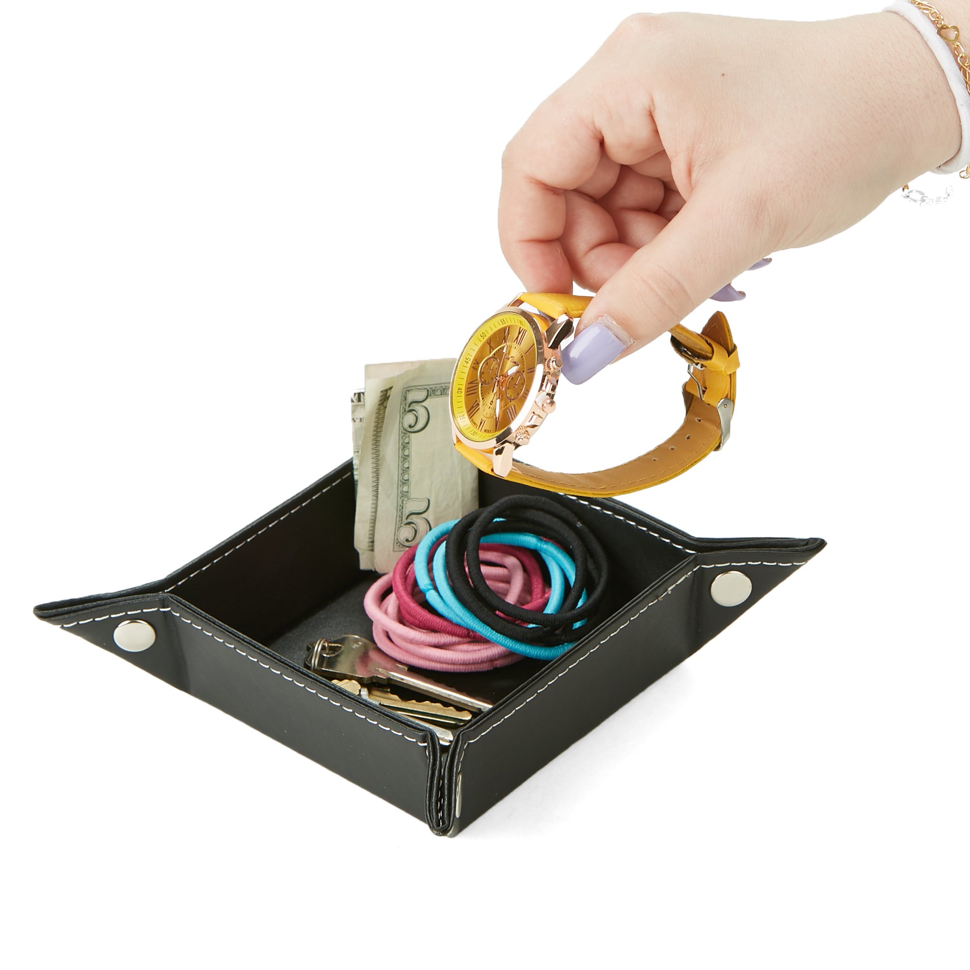 Mind Reader CATCH2-BLK Black Leather Jewelry Organizer Tray - Perfect for Rings, Watches, Coins, Wallets & Candy Storage | Elegant Home & Travel Accessory Organizer Box